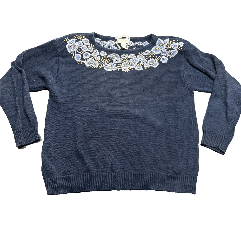 VTG Van Heusen for her Hand Embroidered Sweater M Beaded Blue Floral Grandmacore
